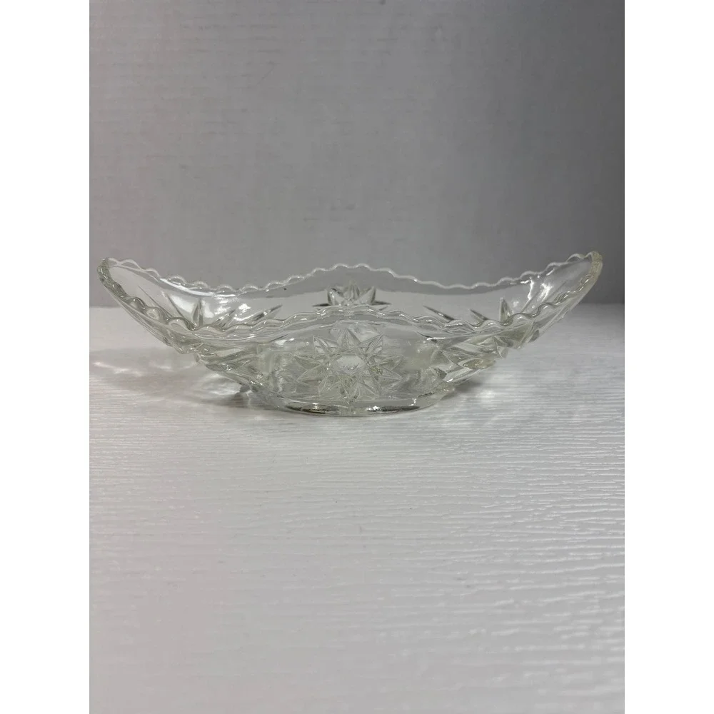Vintage Clear Pressed Glass Starburst Relish Dish Scalloped Edge Bowl 8.5